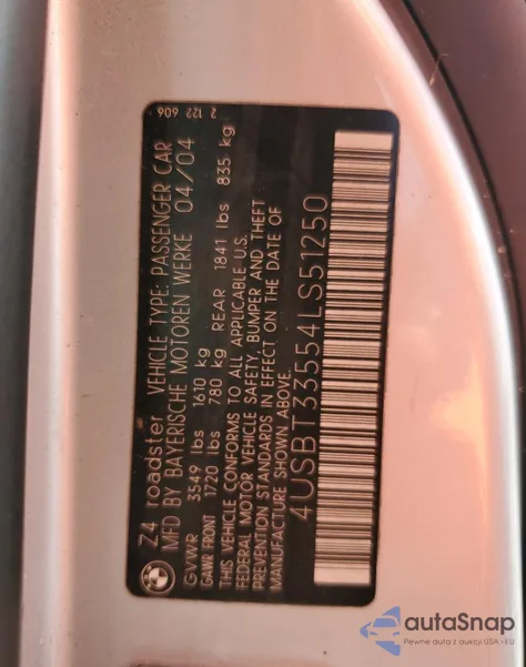 2004 BMW Z4 2.5 из США, поврежденный, VIN 4USBT33554LS51250